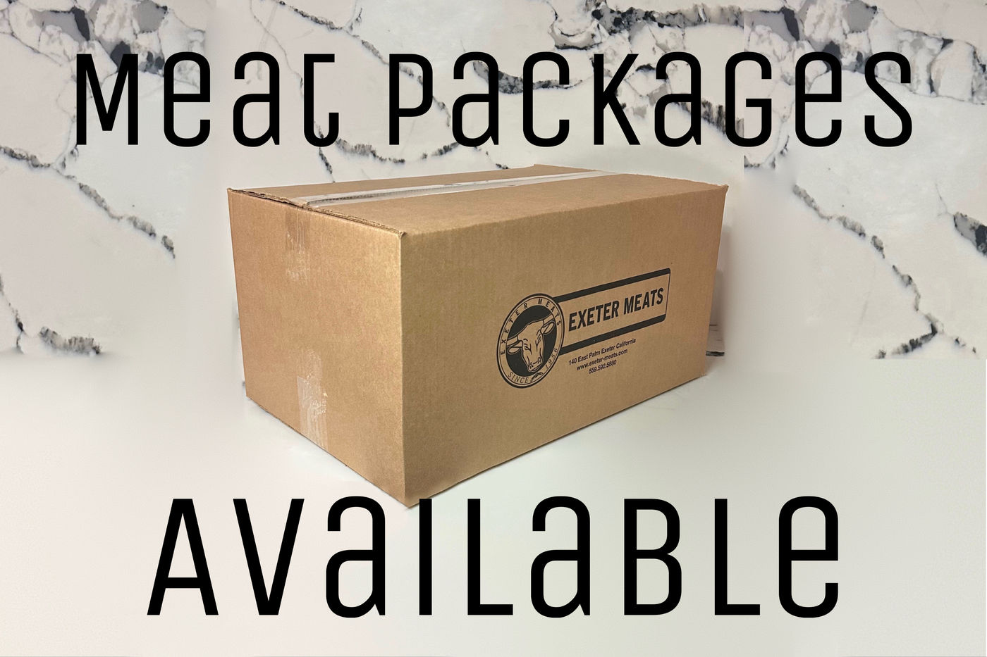 A boxed Exeter Meats order, printed with the shop's longhorn seal and its East Palm Street address.